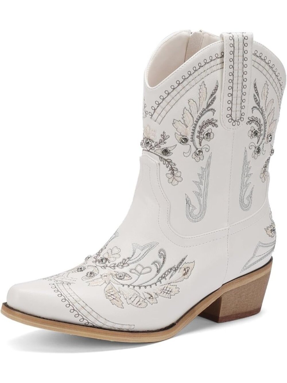 Women's White Chunky Low Heel Side Zipper Comfortable Western Ankle Boots